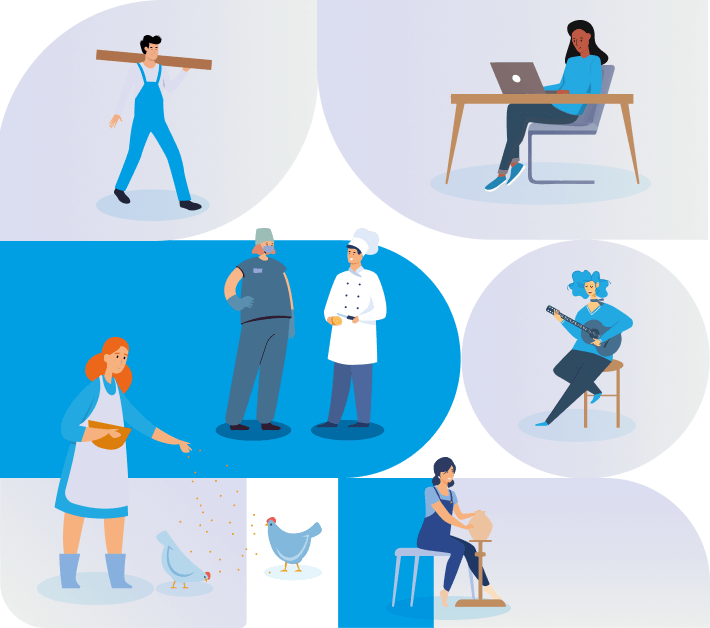 Des personnages qui représentent chacun un métier différent (charpentier, cuisinier, docteur, musicienne, etc).